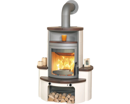Foyer à bois Hark Avenso GT ECOplus habillage brun stone en céramique 6 kW Poêle à bois avec compartiment à bois et feu de cheminée