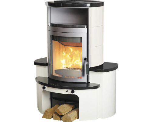 Foyer à bois Hark Avenso GT ECOplus habillage noir blanc en céramique 6 kW Poêle avec compartiment à bois et vitre