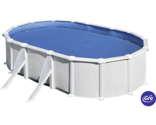 Ensemble de piscine hors sol à paroi en acier Gre ovale 527x500x132 cm avec groupe de filtration à sable, skimmer, échelle, sable de filtration et intissé de protection du sol blanc