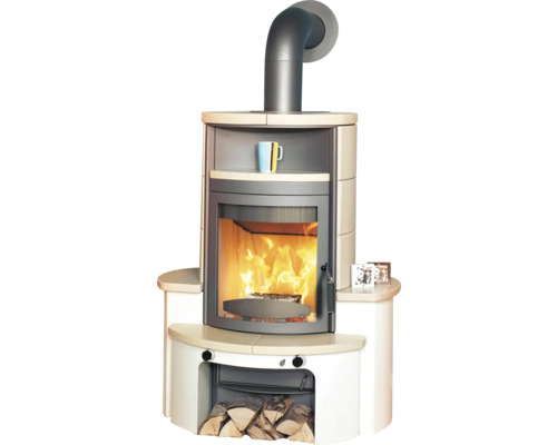 Poêle à bois avec bois et feu qui brûle