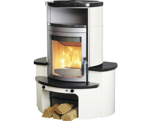 Foyer à bois Hark Avenso GT ECOplus habillage noir blanc en céramique 8 kW Poêle à bois avec compartiment à bois et feu brûlant