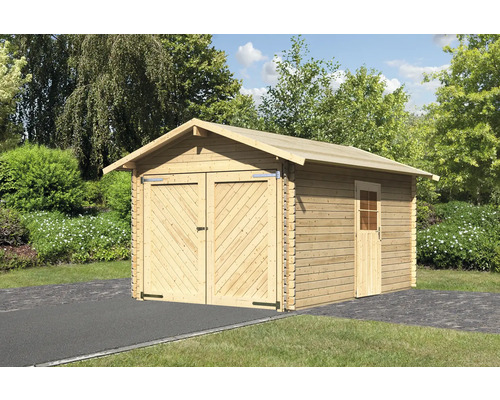 Garage en madriers Karibu 28 mm 338 x 489 cm naturel Garage en bois avec double porte et porte latérale dans le jardin