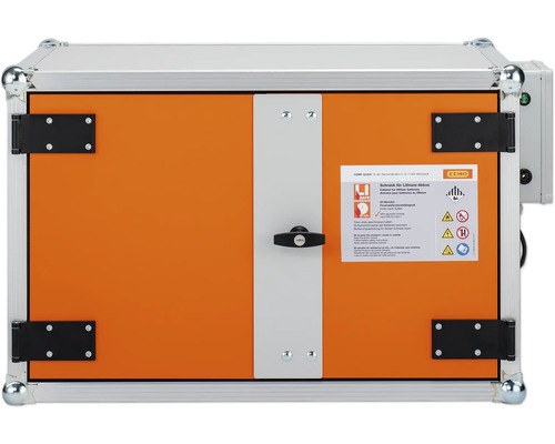 Schrank für Lithium Akkus mit Sicherheitsinformationen