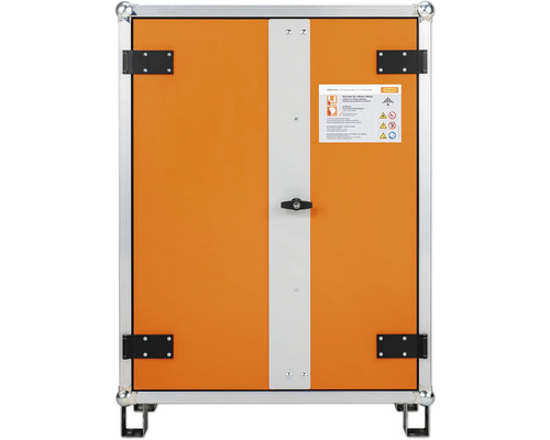 Armoire à produits dangereux orange avec deux portes et cadre argenté