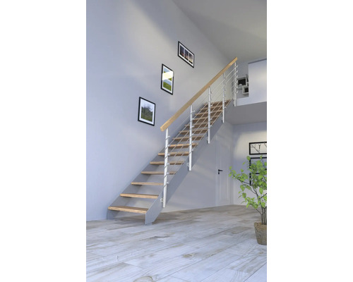 Escalier à limon latéral Pertura Libra chêne sans contremarches revêtu par poudre limon latéral gris droit 107 cm 11 marches / 12 pas de marche garde-corps à barres