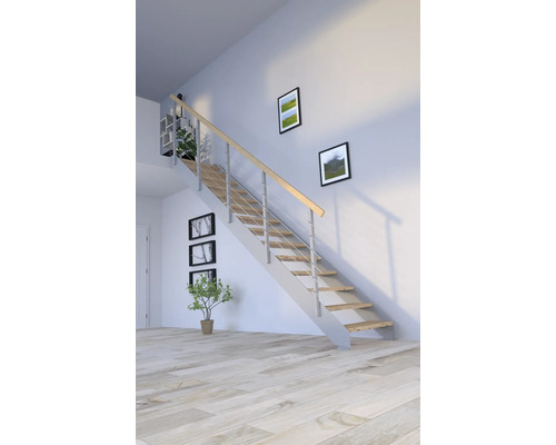 Escalier à limon latéral Pertura Libra chêne rustique sans contremarches revêtu par poudre limon latéral gris droit 85 cm 15 marches / 16 pas de marche garde-corps à barres Pièce lumineuse avec escalier en bois, rambarde en métal et plancher en bois.