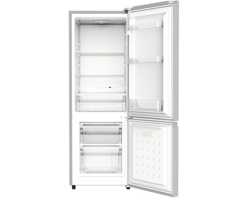 Geöffneter Kühlschrank mit mehreren Regalen und Gefrierschubladen