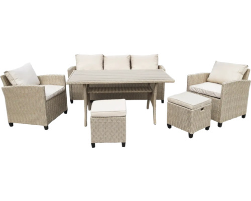 Ensemble de meubles de jardin comprenant un canapé, une table, des fauteuils et des tabourets en rotin