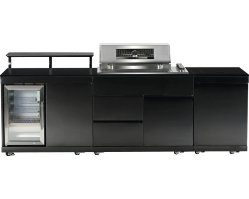 Cuisine extérieure avec gril, réfrigérateur et espace de rangement