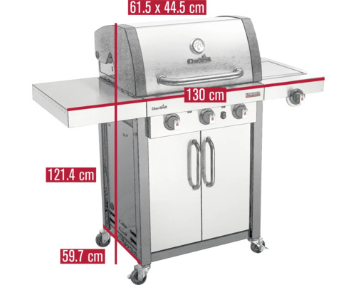 Gril à gaz Char-Broil avec des dimensions de 61,5 x 44,5 cm, 130 cm de largeur, 121,4 cm de hauteur et 59,7 cm de profondeur.