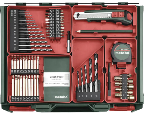 Boîte à outils Metabo avec forets, embouts, cutter, crayon, mètre ruban, papier et autres accessoires