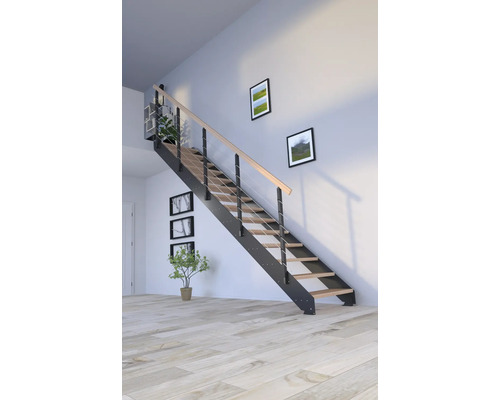 Escalier à limon latéral Pertura Libra hêtre bois lamellé-collé sans contremarches revêtu par poudre limon latéral anthracite droit 85 cm 10 marches / 11 pas de marche garde-corps à barres Escalier à limon latéral Pertura Libra hêtre bois lamellé-collé sans contremarches revêtu par poudre limon latéral anthracite droit 85 cm 10 marches / 11 pas de marche garde-corps à barres