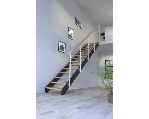 Escalier à limon latéral Pertura Libra chêne sans contremarches revêtu par poudre limon latéral anthracite droit 87 cm 12 marches / 13 pas de marche garde-corps à barres