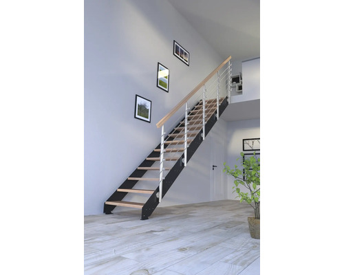 Escalier à limon latéral Pertura Libra hêtre bois lamellé-collé sans contremarches revêtu par poudre limon latéral anthracite droit 107 cm 12 marches / 13 pas de marche garde-corps à barres Escalier à limon latéral Pertura Libra hêtre bois lamellé-collé sans contremarches revêtu par poudre limon latéral anthracite droit 107 cm 12 marches / 13 pas de marche garde-corps à barres