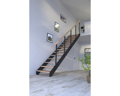 Escalier à limon latéral Pertura Libra hêtre bois lamellé-collé sans contremarches revêtu par poudre limon latéral anthracite droit 85 cm 16 marches / 17 pas de marche garde-corps à barres Escalier à limon latéral Pertura Libra hêtre bois lamellé-collé sans contremarches revêtu par poudre limon latéral anthracite droit 85 cm 16 marches / 17 pas de marche garde-corps à barres
