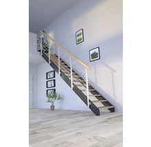 Escalier avec marches en bois et rampe en acier inoxydable dans un salon lumineux