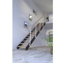 Escalier avec marches en bois, cadre métallique et rampe en intérieur