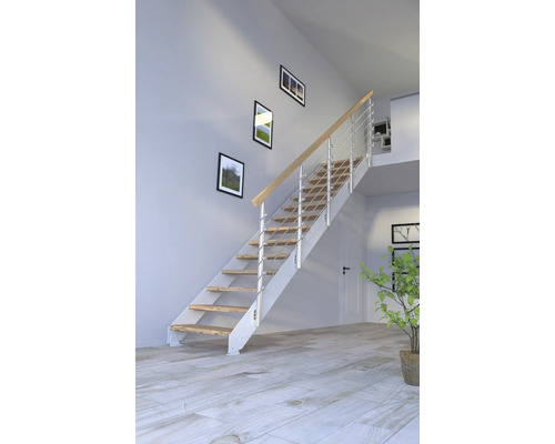 Escalier à limon latéral Pertura Libra chêne rustique sans contremarches revêtu par poudre limon latéral blanc droit 87 cm 10 marches / 11 pas de marche garde-corps à barres