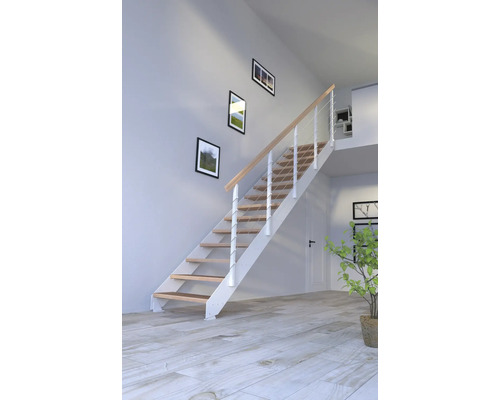 Escalier à limon latéral Pertura Libra hêtre bois lamellé-collé sans contremarches revêtu par poudre limon latéral blanc droit 105 cm 13 marches / 14 pas de marche garde-corps à barres Escalier à limon latéral Pertura Libra hêtre bois lamellé-collé sans contremarches revêtu par poudre limon latéral blanc droit 105 cm 13 marches / 14 pas de marche garde-corps à barres