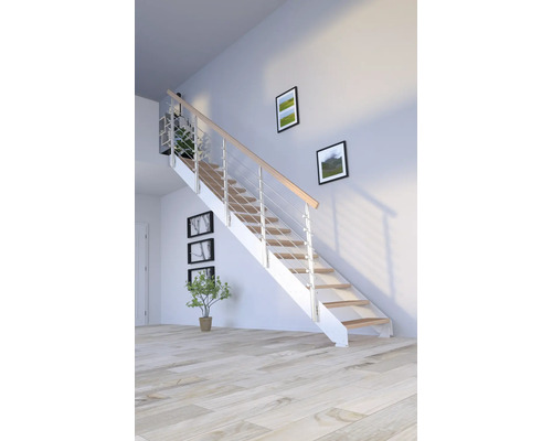 Escalier à limon latéral Pertura Libra hêtre bois lamellé-collé sans contremarches revêtu par poudre limon latéral blanc droit 107 cm 10 marches / 11 pas de marche garde-corps à barres Escalier à limon latéral Pertura Libra hêtre bois lamellé-collé sans contremarches revêtu par poudre limon latéral blanc droit 107 cm 10 marches / 11 pas de marche garde-corps à barres