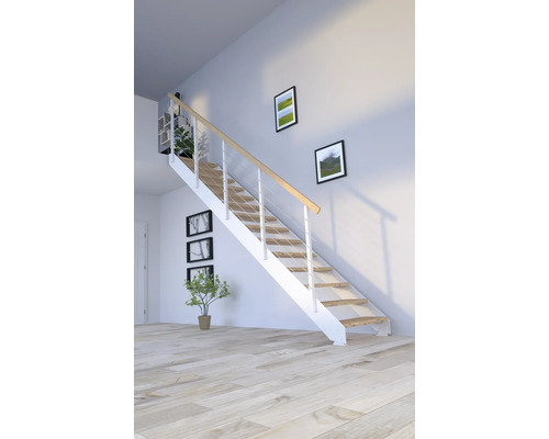 Escalier à limon latéral Pertura Libra chêne rustique sans contremarches revêtu par poudre limon latéral blanc droit 105 cm 10 marches / 11 pas de marche garde-corps à barres Pièce lumineuse avec escalier, tableaux muraux et plante d''intérieur