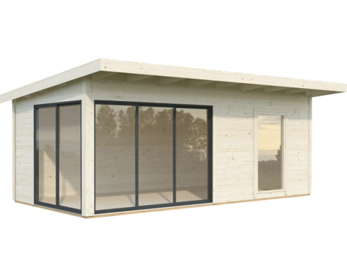 Holzgartenhaus mit großen Glasfenstern und Flachdach