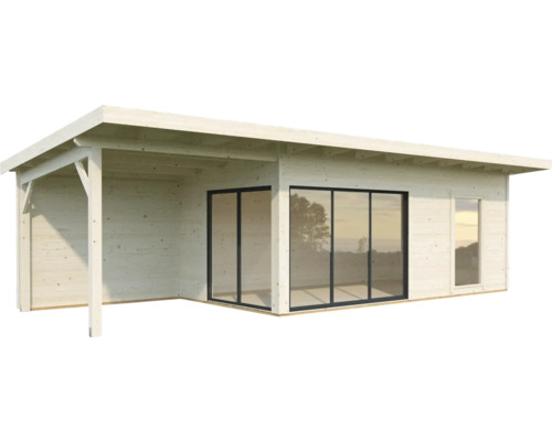 Modernes Gartenhaus mit großen Fenstern und überdachter Veranda