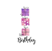 Illustration einer Geburtstagskarte mit Geschenken und dem Schriftzug Happy Birthday.