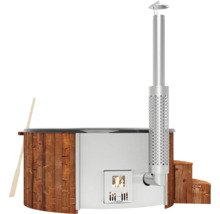 Bain nordique chauffé au bois avec cheminée et revêtement en bois