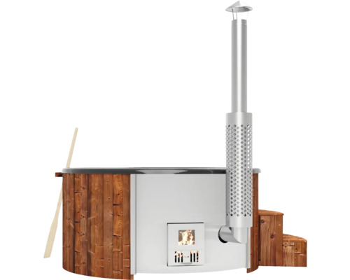 Bain nordique chauffé au bois avec cheminée et revêtement en bois