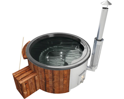 Bain nordique chauffé au bois avec escalier et cheminée