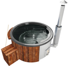 Bain nordique chauffé au bois avec cheminée en acier inoxydable et marches en bois