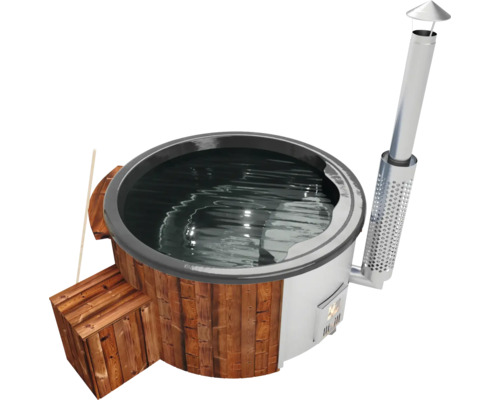 Bain nordique chauffé au bois avec cheminée en acier inoxydable et marches en bois