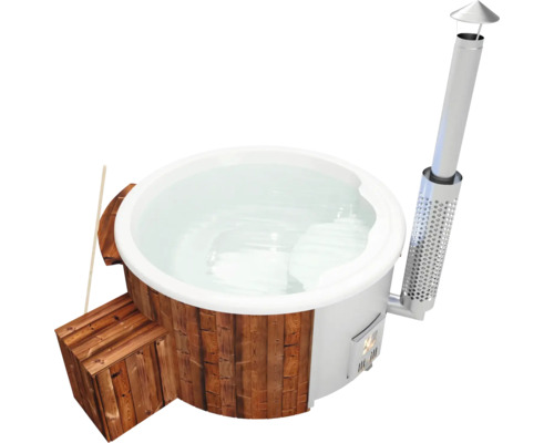 Bain nordique chauffé au bois avec escalier et cheminée
