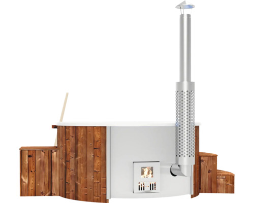 Bain nordique chauffé au bois avec cheminée et revêtement en bois