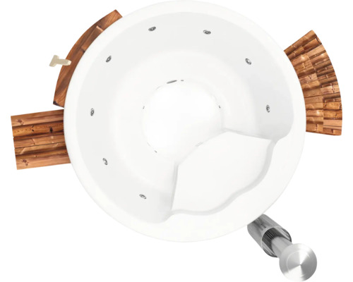 Jacuzzi rond avec revêtement en bois vu de dessus