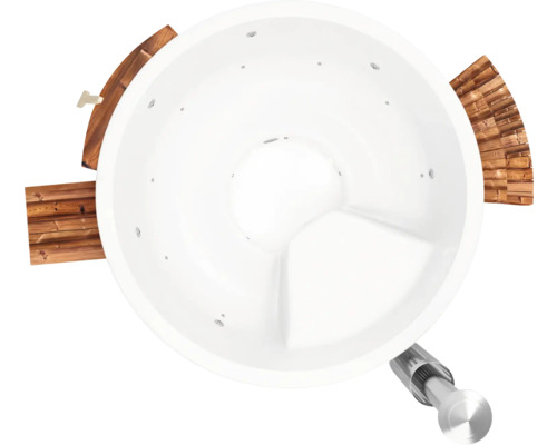 Jacuzzi rond avec revêtement en bois et tuyau d''évacuation, vue de dessus