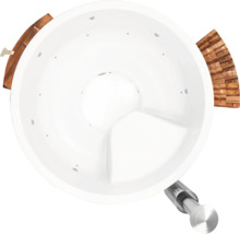 Vue aérienne d''un bain à remous rond avec garniture en bois et tuyau d''évacuation.