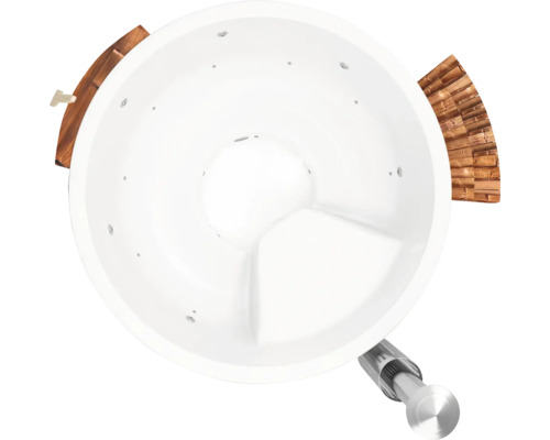 Vue aérienne d''un bain à remous rond avec garniture en bois et tuyau d''évacuation.