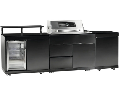 Cuisine d''extérieur complète avec barbecue, réfrigérateur et plan de travail sur roulettes