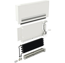 Vue éclatée d''un convecteur de radiateur avec boîtier, panneau, registre de chauffage et ventilateur