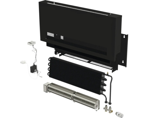 Explosionsdarstellung eines Heizkörpers mit Heizkörperverkleidung, Wärmetauscher, Gebläsekonvektor und Zubehör