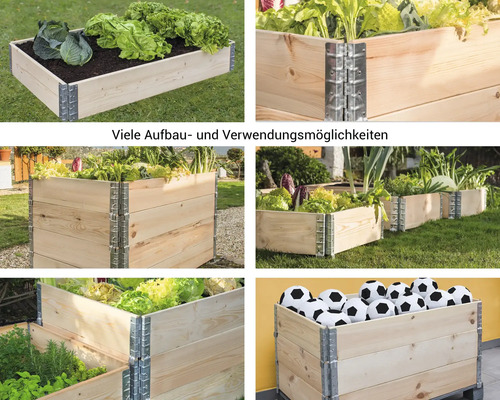 Verschiedene Ansichten von Hochbeeten aus Holz mit Metallverbindungen in Gärten und auf Terrassen.