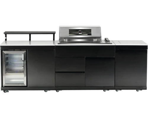 Cuisine extérieure avec barbecue, plan de travail, réfrigérateur et espace de rangement sur roulettes