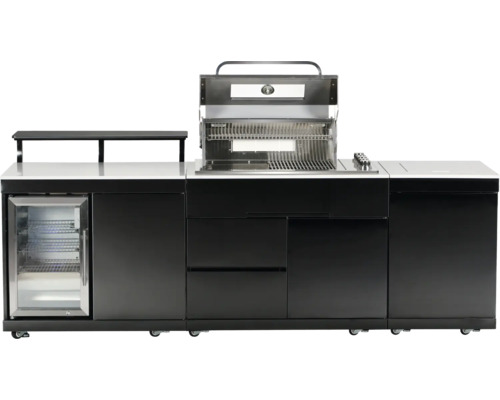 Cuisine de grill avec barbecue, réfrigérateur et plan de travail