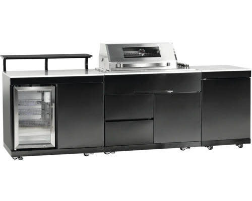 Cuisine d''extérieur moderne avec barbecue, réfrigérateur et espace de rangement sur roulettes