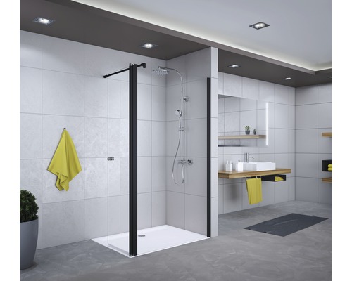 Paroi de douche à l'italienne Breuer Entra 120 cm butée à droite décor Lines profilé couleur noir