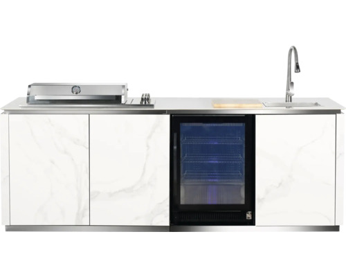 Outdoor-Küche mit Grill, Spüle, Kühlschrank und Arbeitsplatte