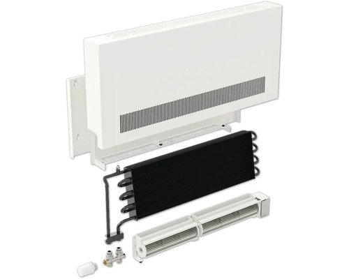 Schéma éclaté d''un groupe de chauffage et de refroidissement mural avec ventilo-convecteur, échangeur de chaleur et vanne thermostatique