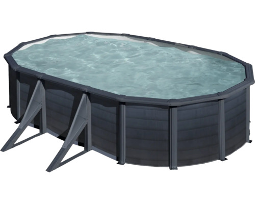 Ensemble de piscine hors sol à paroi en acier Gre ovale 527x300x122 cm avec groupe de filtration à sable, skimmer, échelle et sable de filtration gris